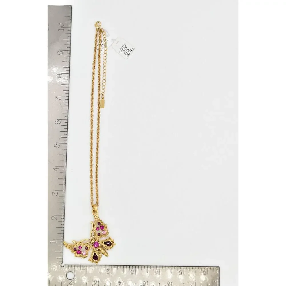 1928 Butterfly Pendant Necklace Purple Rhinestone Crystal Magenta Gold 90s BinBJ